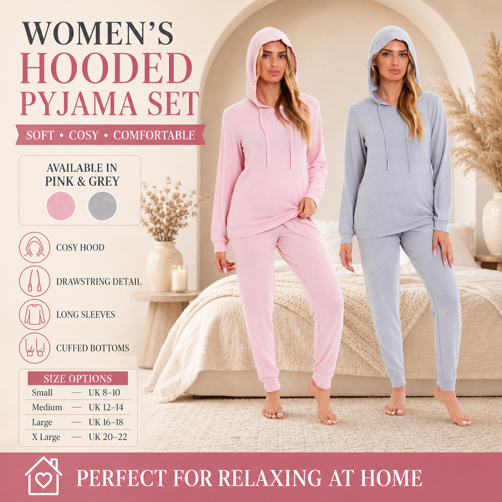 Daisy Dreamer Hooded Pyjama Set Womens Pink Grey Long Sleeve Hoodie and Pants Luxurious