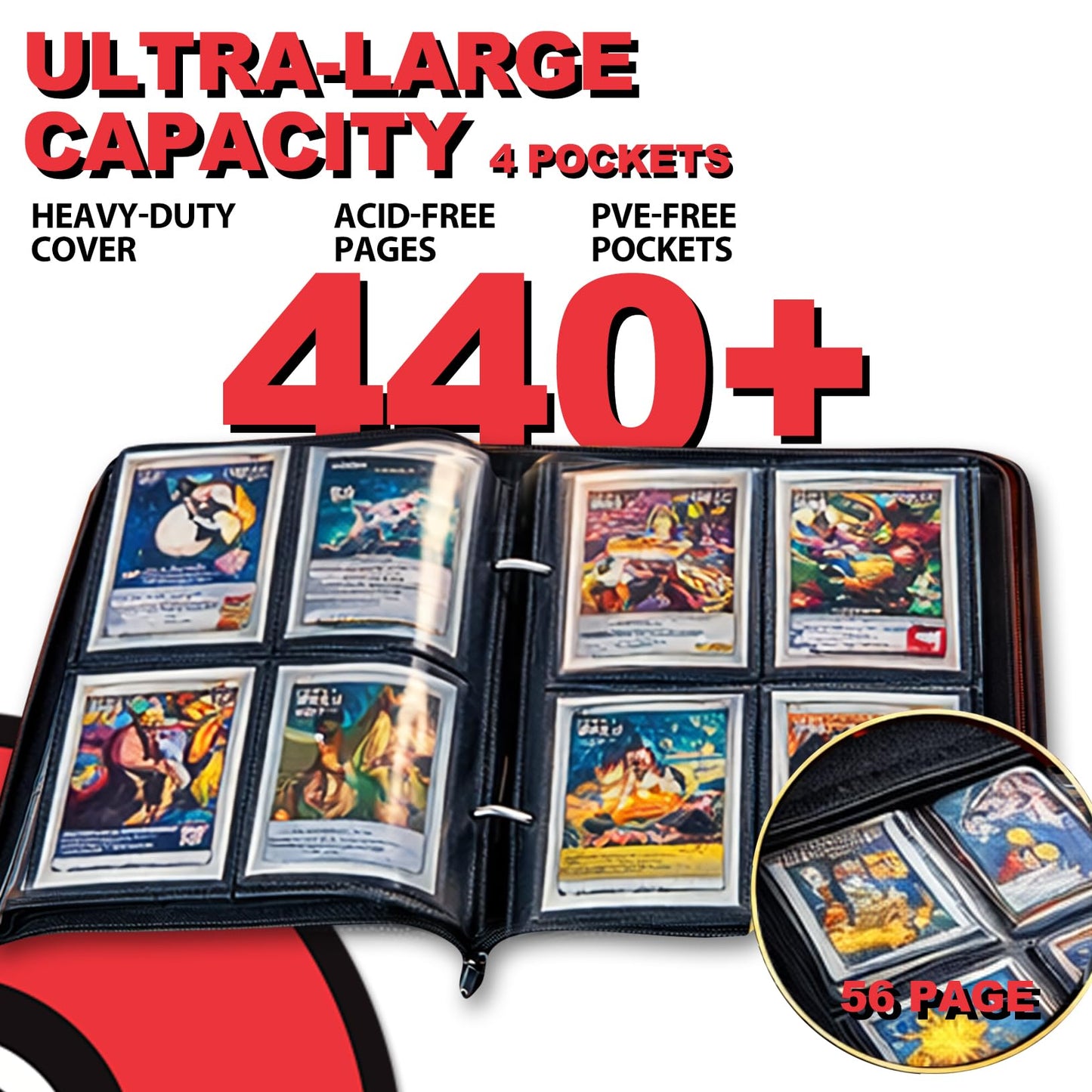 DOXUA 440 Card Binder – 3-Ring, 55 Four-Pocket Pages, 440-Card Capacity, Waterproof Card Album