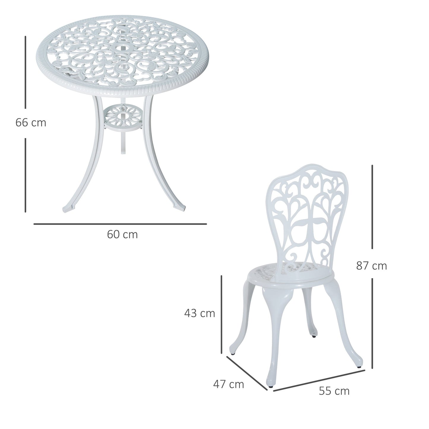Outsunny 3 Pieces Antique Garden Bistro Set for 2 with Umbrella Hole, White