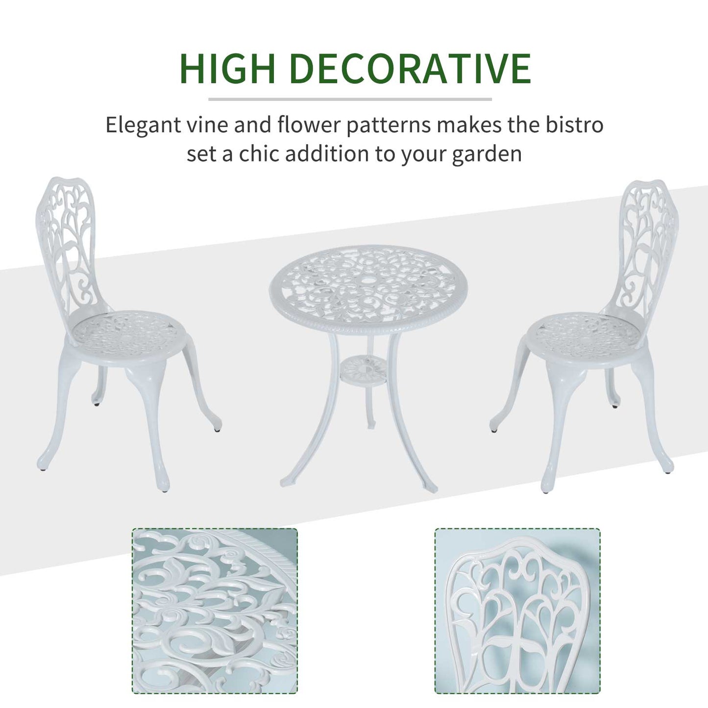 Outsunny 3 Pieces Antique Garden Bistro Set for 2 with Umbrella Hole, White