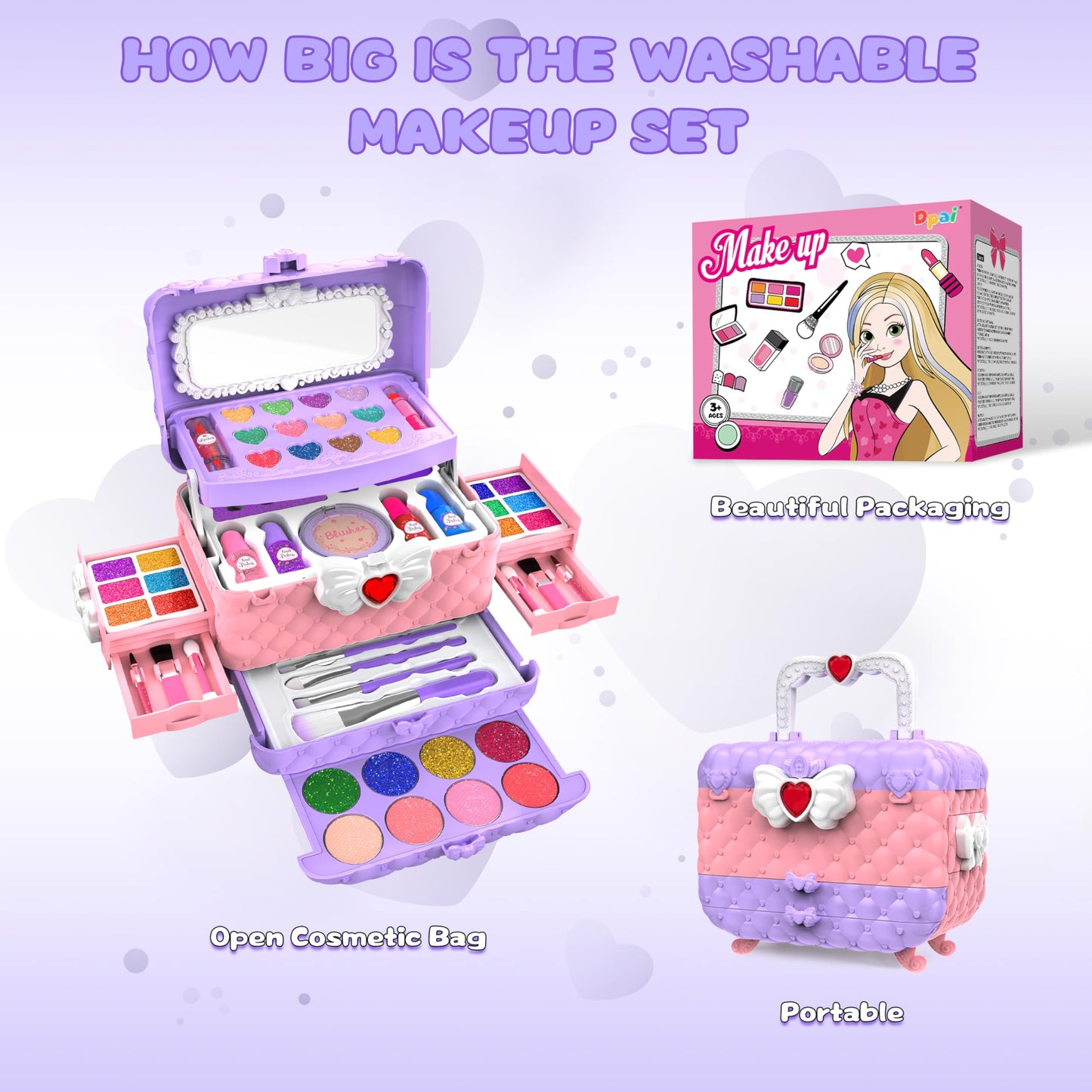 Dpai 54-Pcs Kids Makeup Kit for Girls – Light Purple, Washable, Mirror