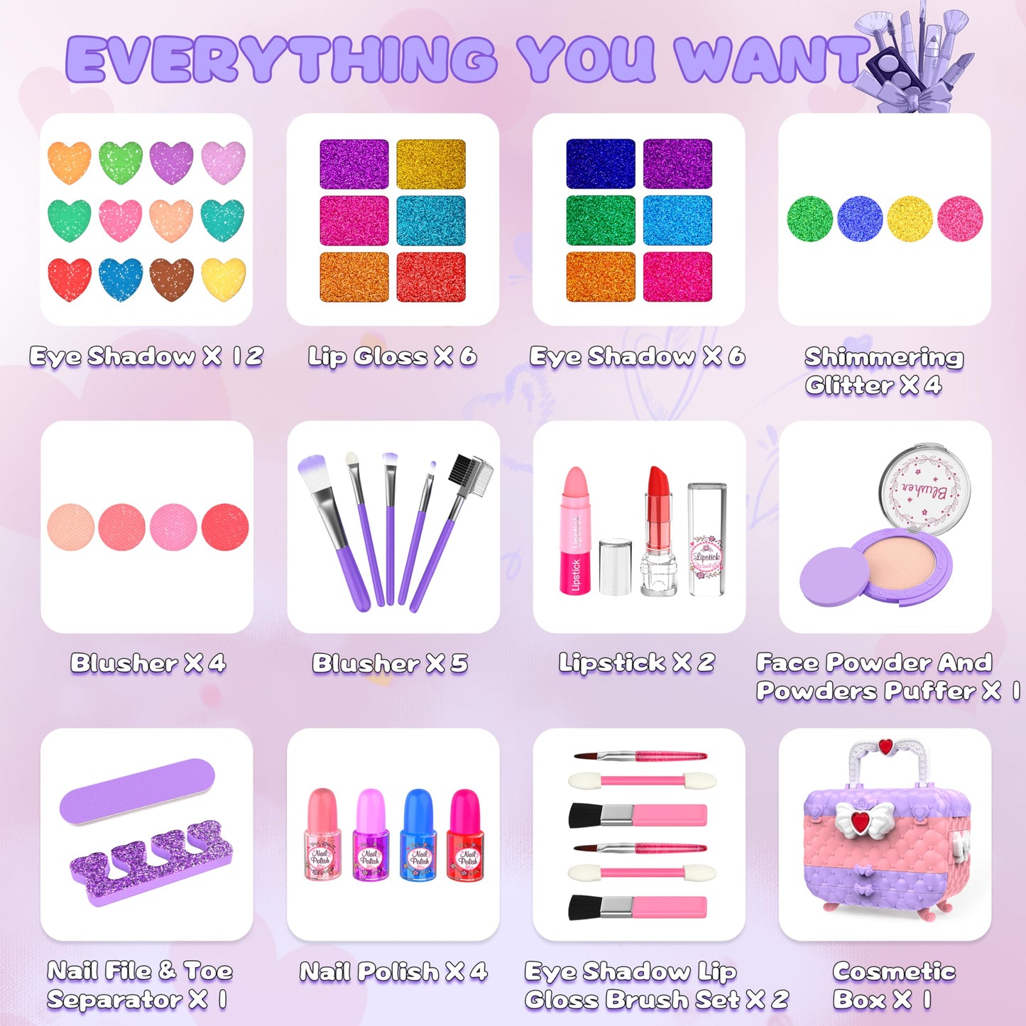 Dpai 54-Pcs Kids Makeup Kit for Girls – Light Purple, Washable, Mirror