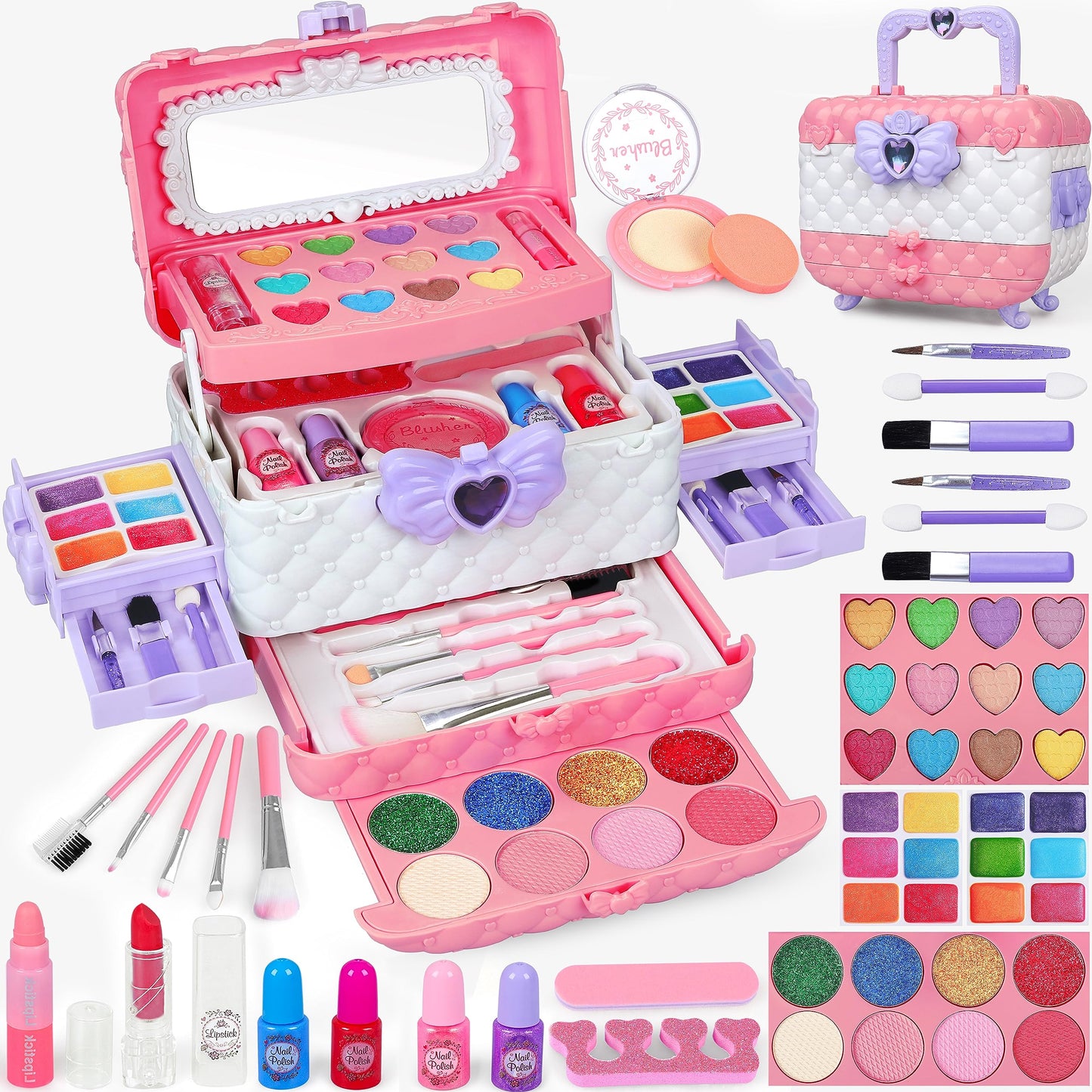 Dpai 54-Piece Kids Makeup Kit for Girls – Washable, Non-Toxic Princess Play Set with Mirror (Pink & White)