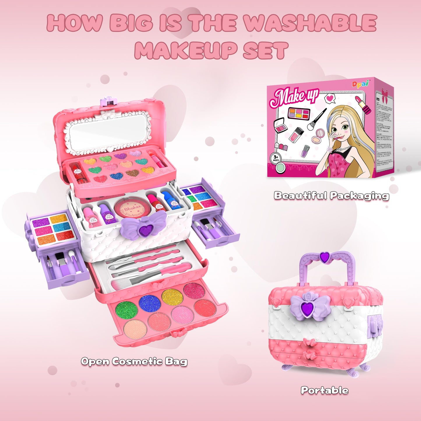 Dpai 54-Piece Kids Makeup Kit for Girls – Washable, Non-Toxic Princess Play Set with Mirror (Pink & White)
