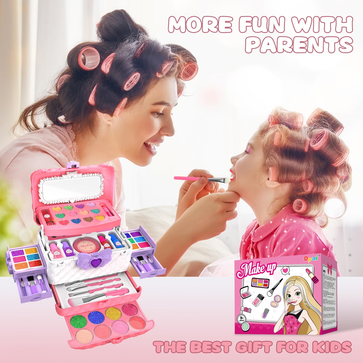 Dpai 54-Piece Kids Makeup Kit for Girls – Washable, Non-Toxic Princess Play Set with Mirror (Pink & White)
