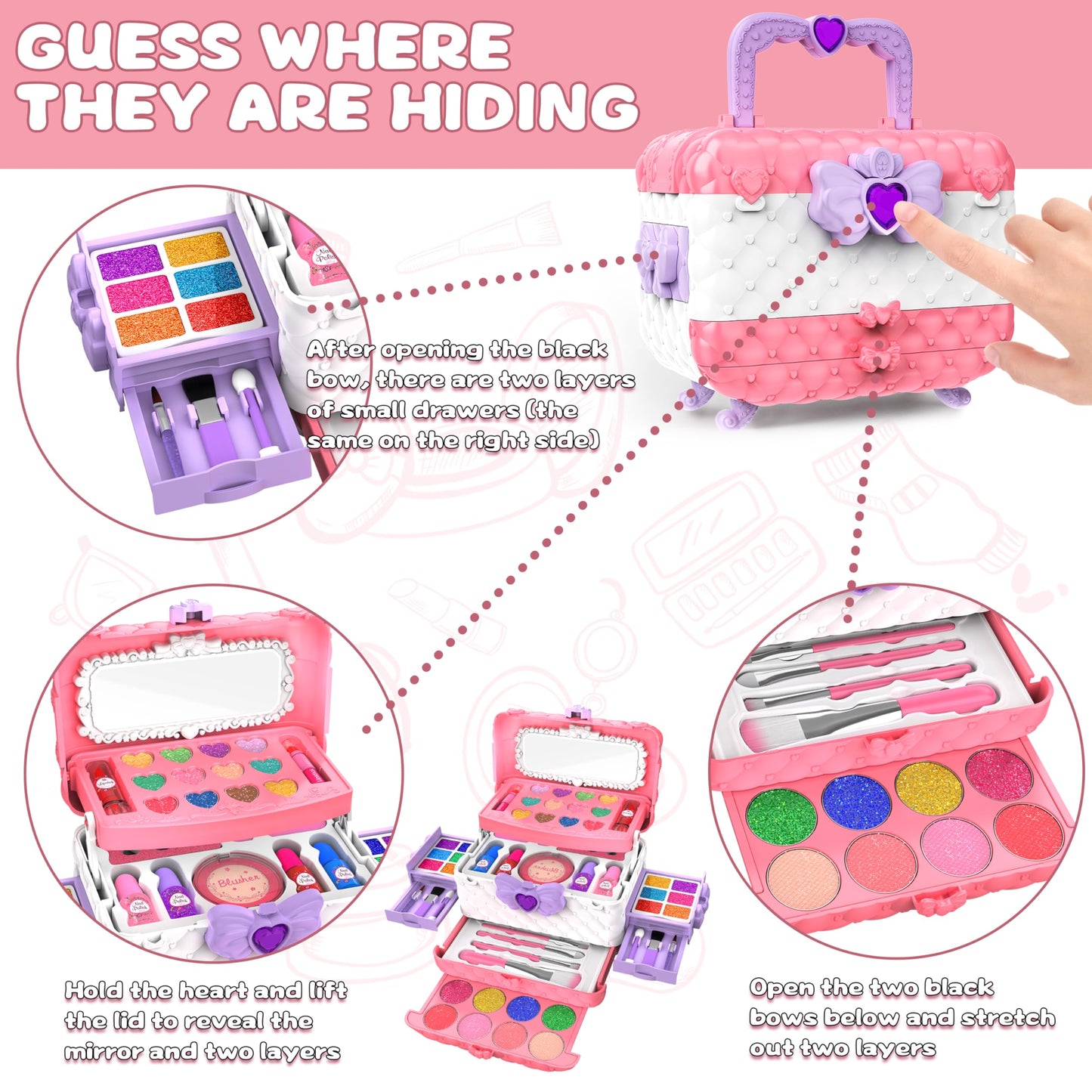 Dpai 54-Piece Kids Makeup Kit for Girls – Washable, Non-Toxic Princess Play Set with Mirror (Pink & White)