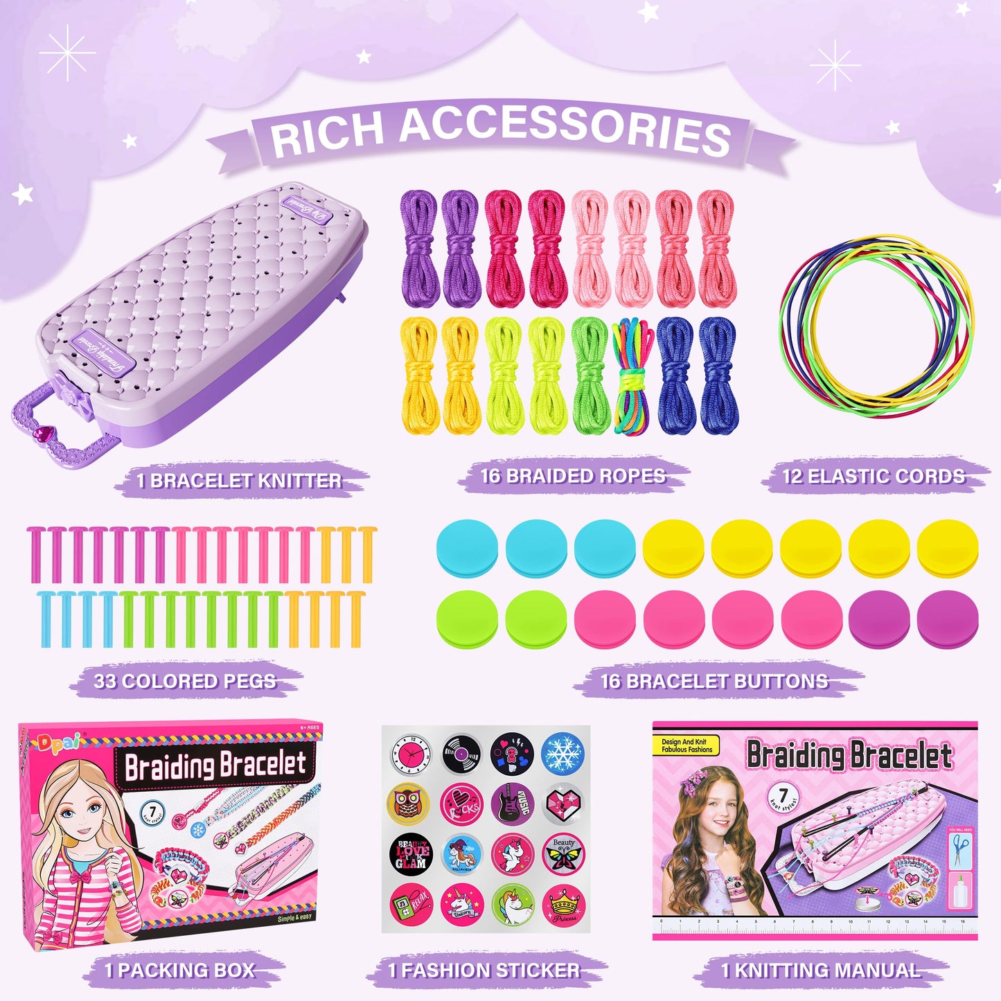 Dpai Friendship Bracelet Making Kit for Girls (Double Purple) — DIY Jewelry String Maker, Creative Craft Toy for Ages 6-12