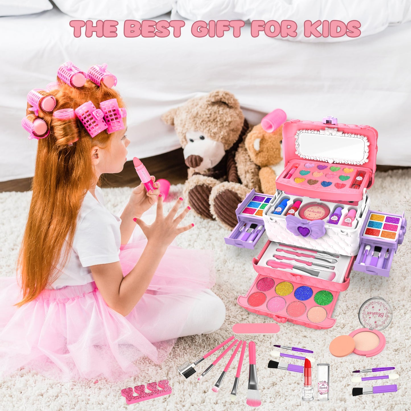 Dpai 54-Piece Kids Makeup Kit for Girls – Washable, Non-Toxic Princess Play Set with Mirror (Pink & White)