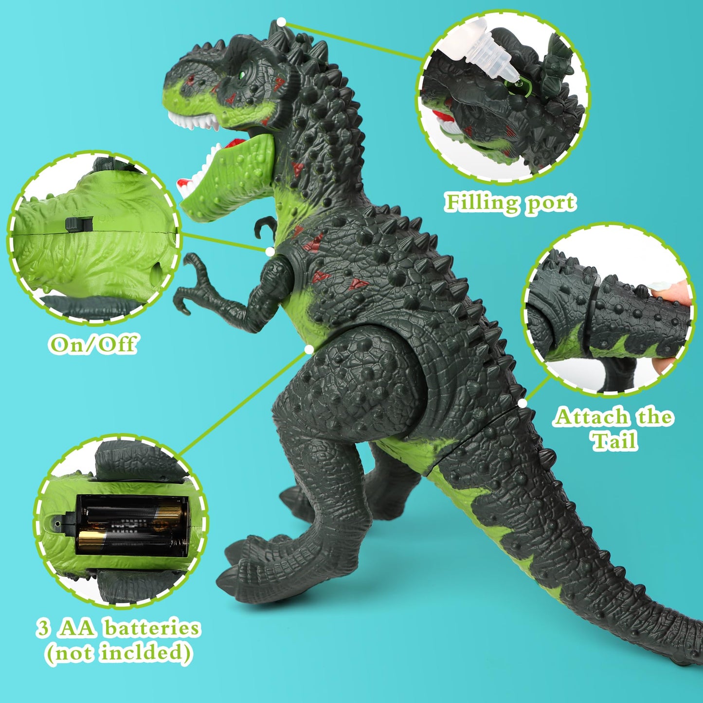DPAPDI Electric Walking Dinosaur Toy for Kids – Detachable Tail, LED Flame, Realistic Sounds