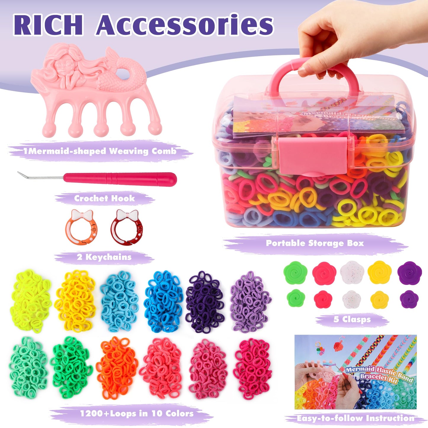 DPAPDI Mermaid Bracelet Kit for Kids | 1200+ Colorful Loops | DIY Jewelry Craft Kit