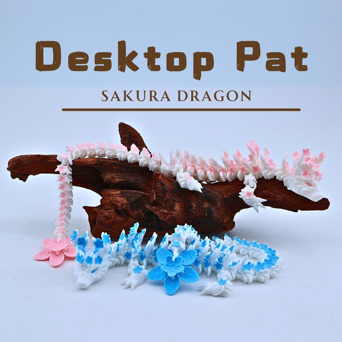 Dpcirk Two 3D Printed Cherry Blossom Dragons – 11.8-inch Movable Dragon Fingertip Toys, Desktop Decor (Blue-Pink)