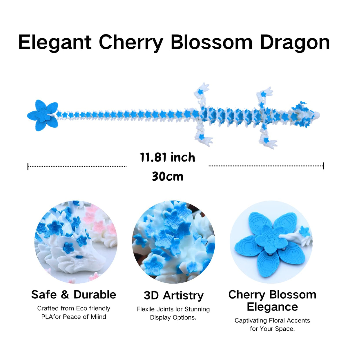 Dpcirk Two 3D Printed Cherry Blossom Dragons – 11.8-inch Movable Dragon Fingertip Toys, Desktop Decor (Blue-Pink)