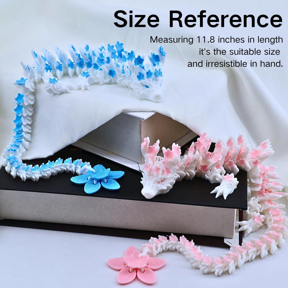 Dpcirk Two 3D Printed Cherry Blossom Dragons – 11.8-inch Movable Dragon Fingertip Toys, Desktop Decor (Blue-Pink)