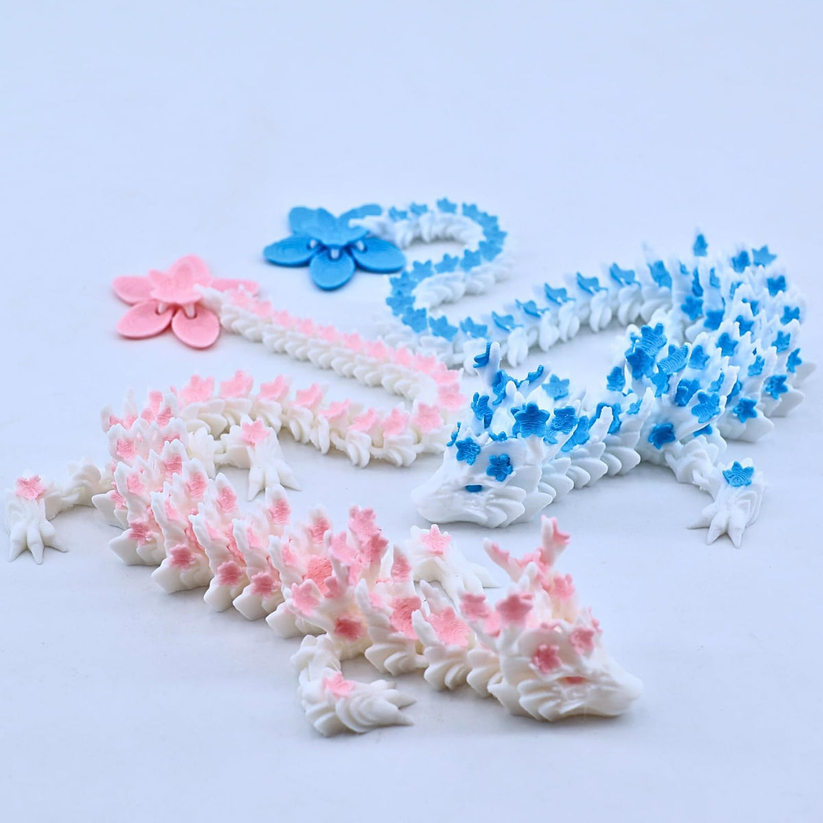 Dpcirk Two 3D Printed Cherry Blossom Dragons – 11.8-inch Movable Dragon Fingertip Toys, Desktop Decor (Blue-Pink)