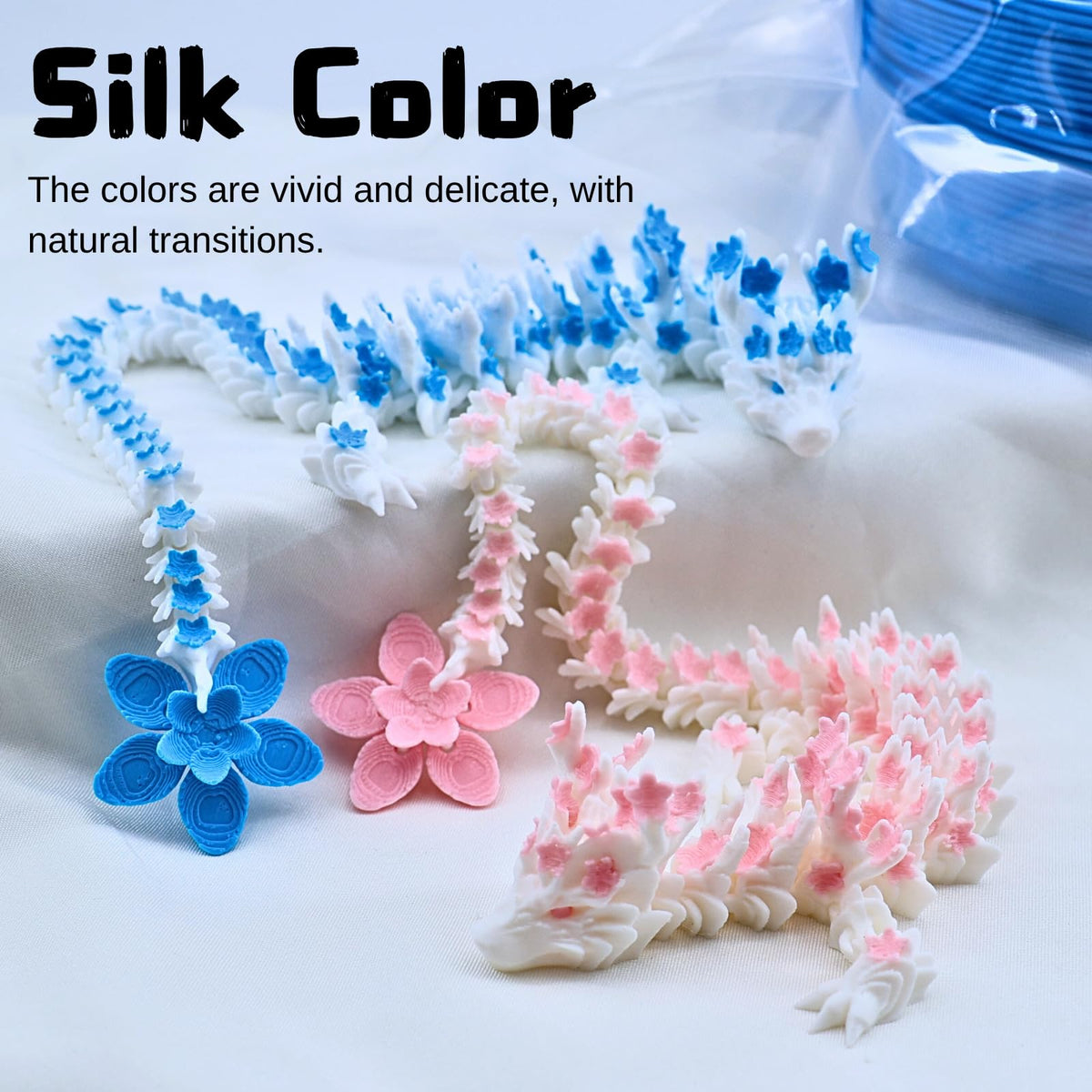 Dpcirk Two 3D Printed Cherry Blossom Dragons – 11.8-inch Movable Dragon Fingertip Toys, Desktop Decor (Blue-Pink)