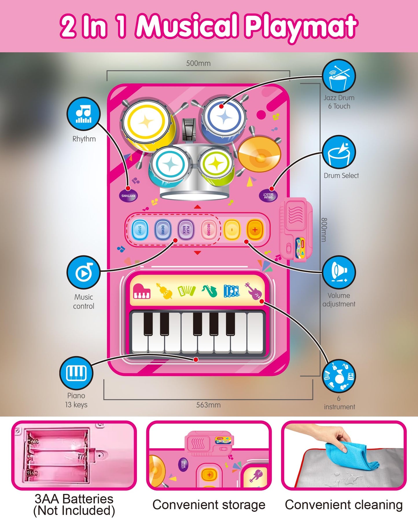 DQMOON Musical Toy Mat for 1-Year-Olds – Piano & Drum, Adjustable Volume, Twin-Player Mode