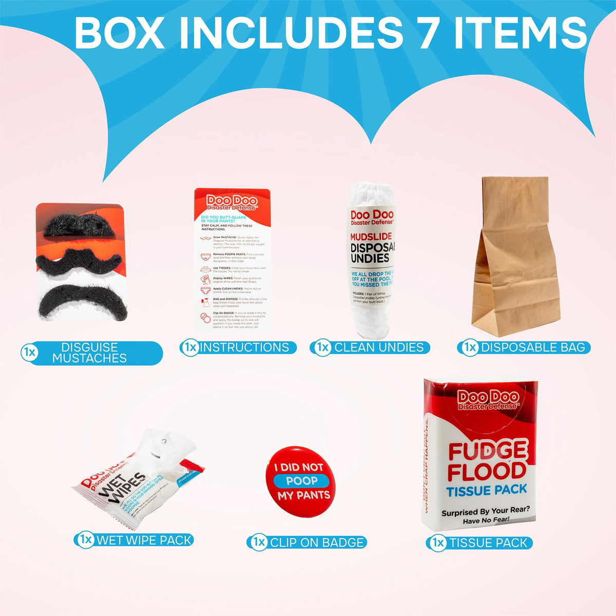 DR DINGUS Emergency Shart Kit – 7-Item Poop Prank Gift (Wet Wipes, Underwear, Badge)