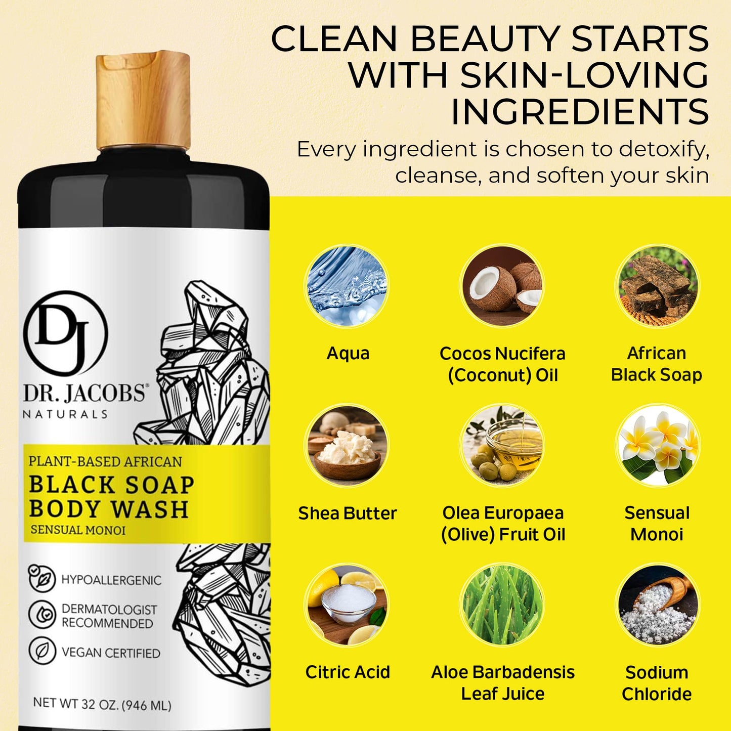 Dr Jacobs Naturals African Black Liquid Soap with Monoi – All-In-One Cleanser (16oz, 2pk)