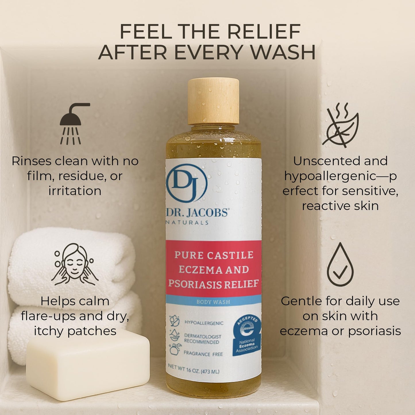 Dr. Jacobs Naturals Hypoallergenic Castile Soap – Fragrance-Free, Sensitive Skin Body Wash (16oz, 2PK)
