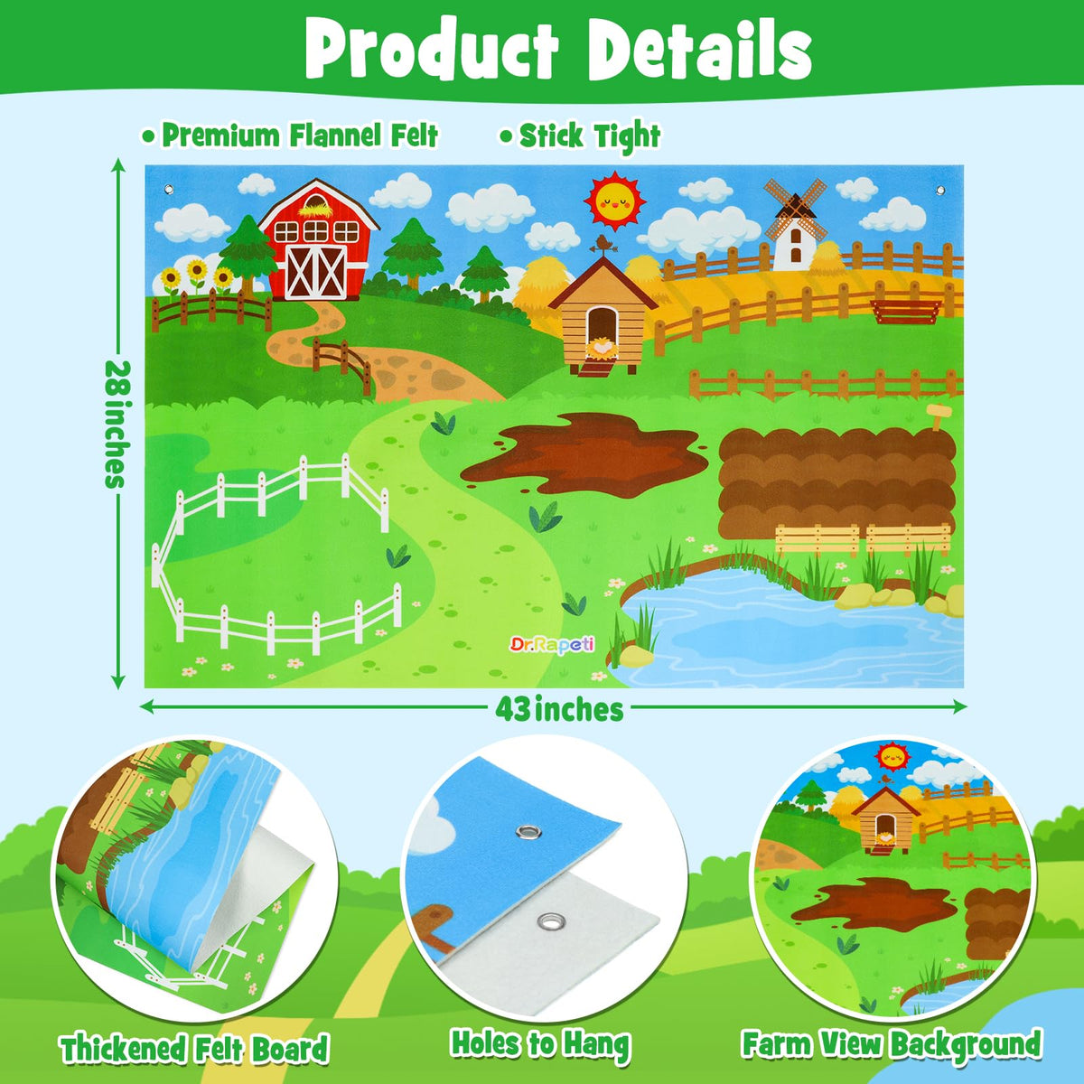 Dr.Rapeti Farm Animals Felt Story Board Set – 41-Piece Preschool Farmyard Story Kit