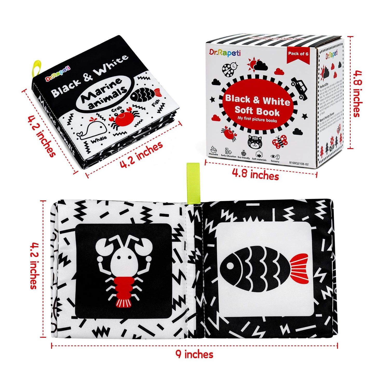 Dr.Rapeti Soft Cloth Baby Books – 6-Pack High-Contrast Crinkle Bath Toys, Washable & Non-Toxic