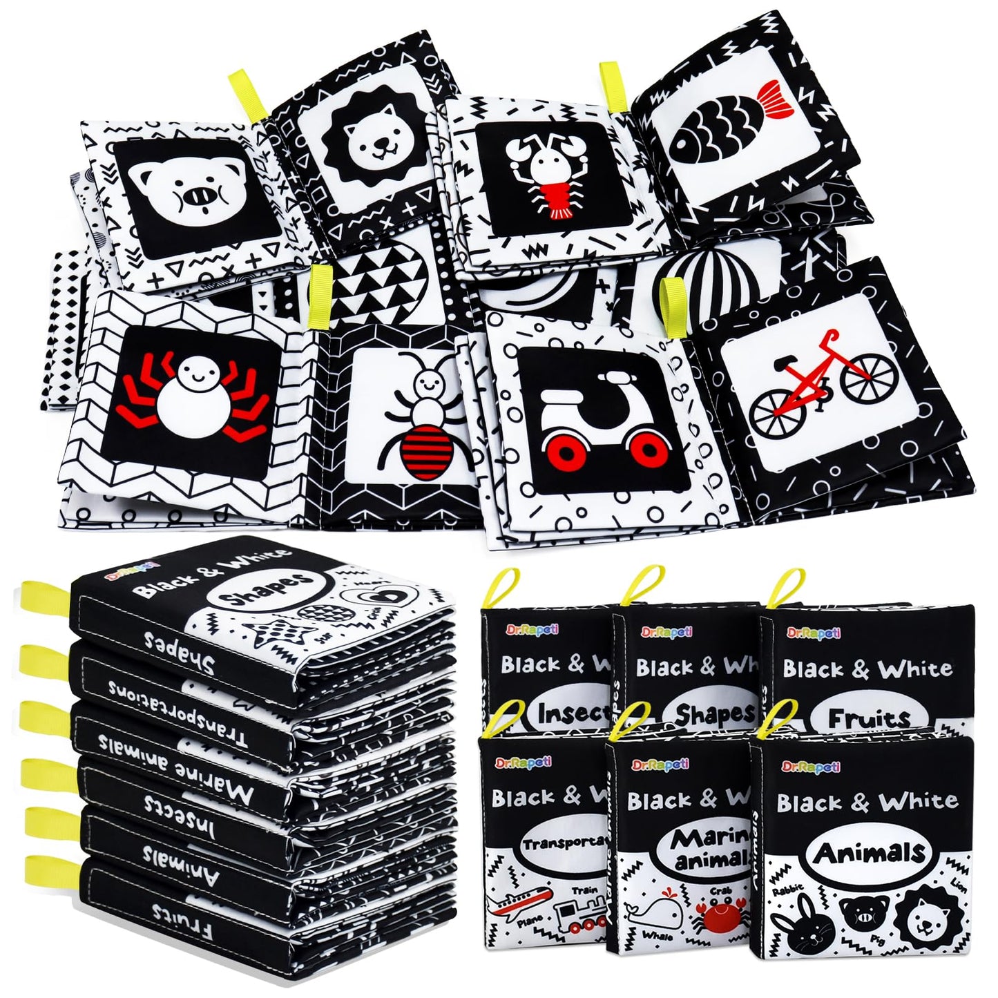 Dr.Rapeti Soft Cloth Baby Books – 6-Pack High-Contrast Crinkle Bath Toys, Washable & Non-Toxic