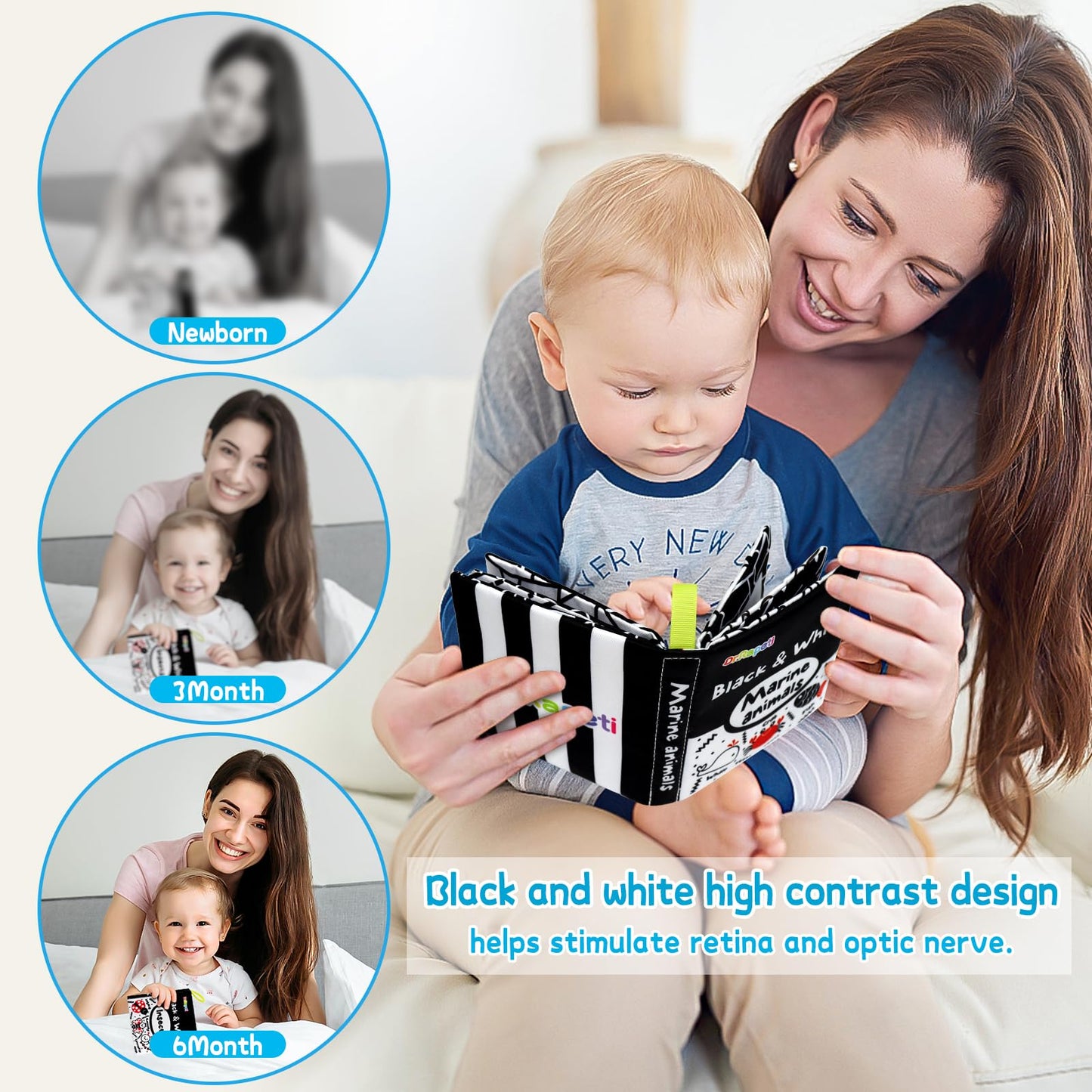 Dr.Rapeti Soft Cloth Baby Books – 6-Pack High-Contrast Crinkle Bath Toys, Washable & Non-Toxic
