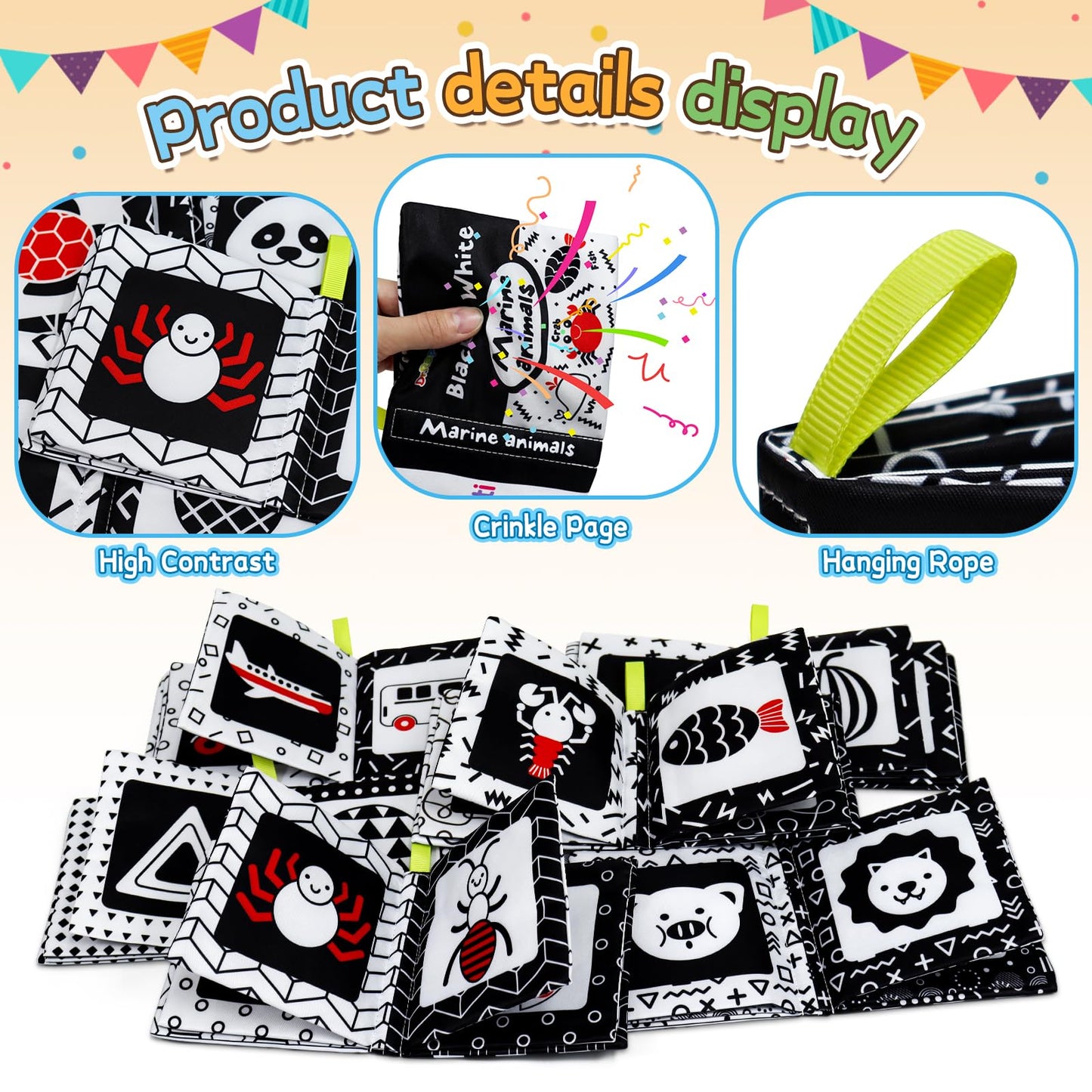 Dr.Rapeti Soft Cloth Baby Books – 6-Pack High-Contrast Crinkle Bath Toys, Washable & Non-Toxic