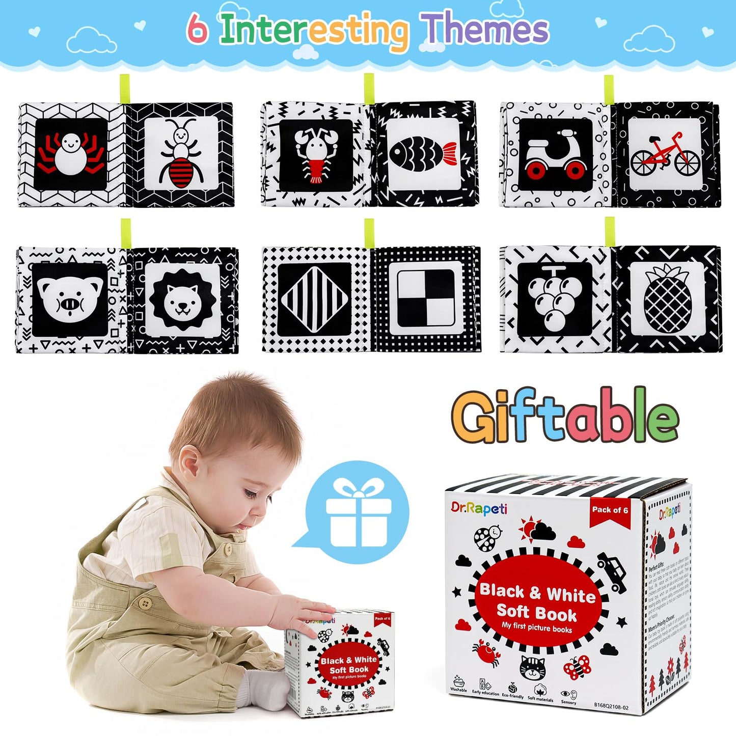 Dr.Rapeti Soft Cloth Baby Books – 6-Pack High-Contrast Crinkle Bath Toys, Washable & Non-Toxic