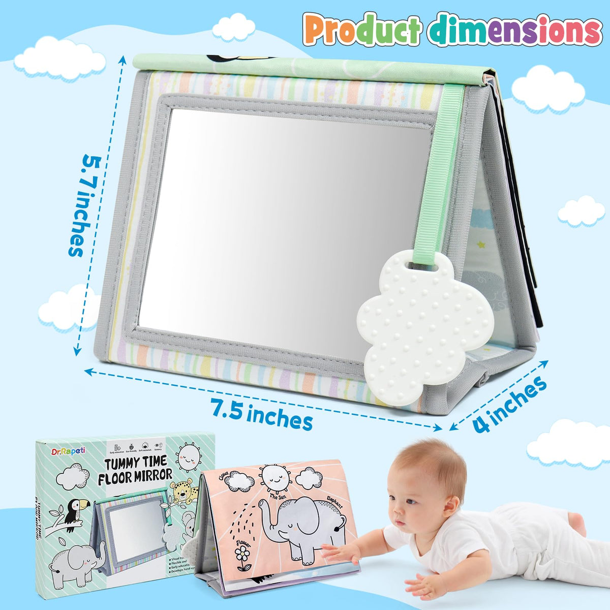 Dr.Rapeti Soft Tummy Time Book – Baby Safe Mirror, Teether & Crinkle Pages