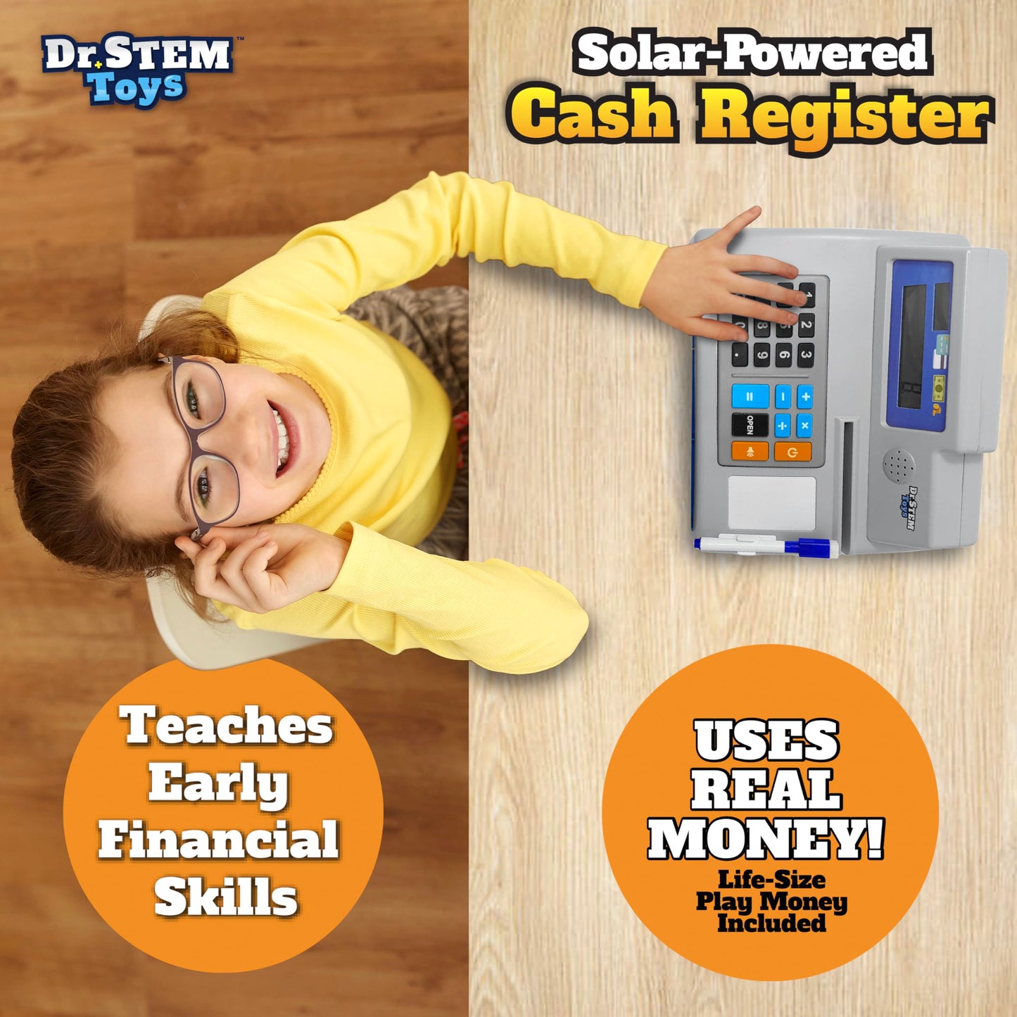 Dr. STEM Toys Solar Powered Calculator Pretend Cash Register – 67-Piece STEM Learning Set for Kids (Gray)