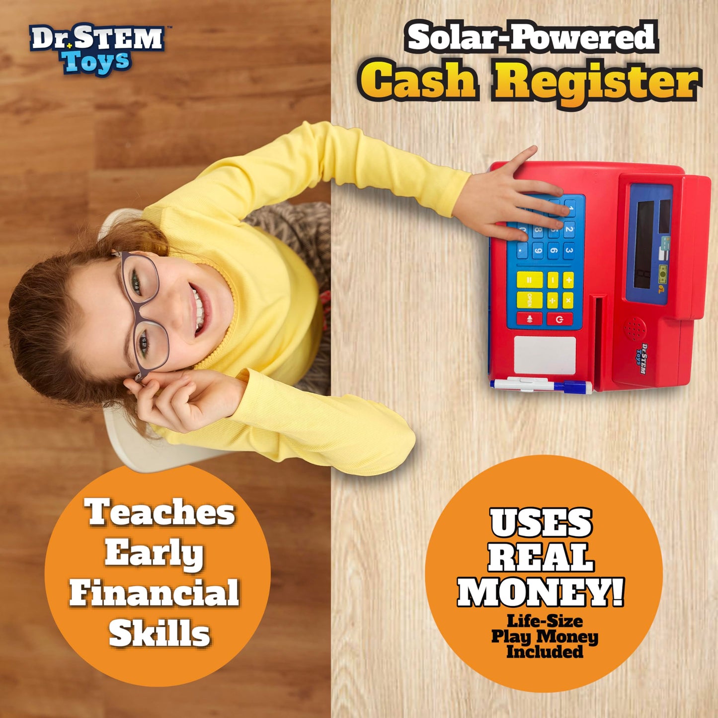 Dr. STEM Toys Solar Powered Calculator Pretend Cash Register – 67-Piece STEM Set (Red)
