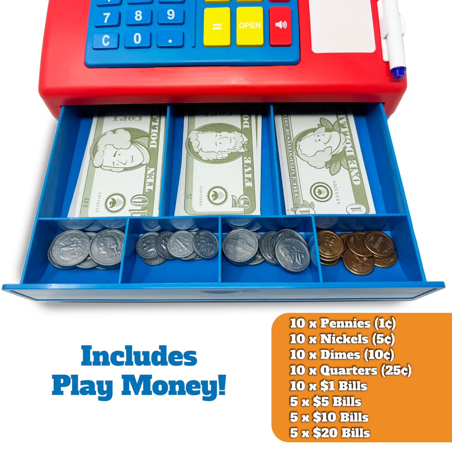Dr. STEM Toys Solar Powered Calculator Pretend Cash Register – 67-Piece STEM Set (Red)
