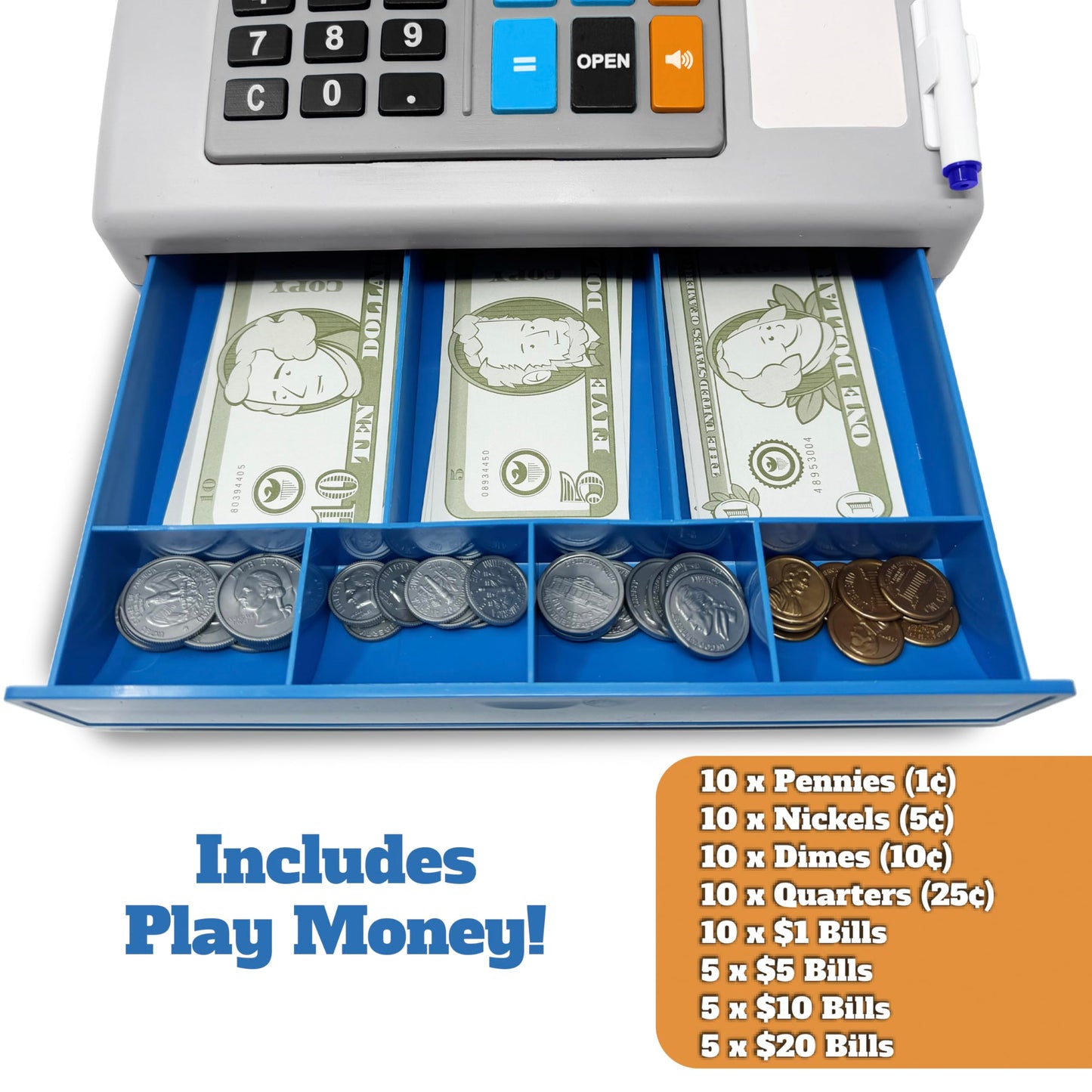 Dr. STEM Toys Solar Powered Calculator Pretend Cash Register – 67-Piece STEM Learning Set for Kids (Gray)