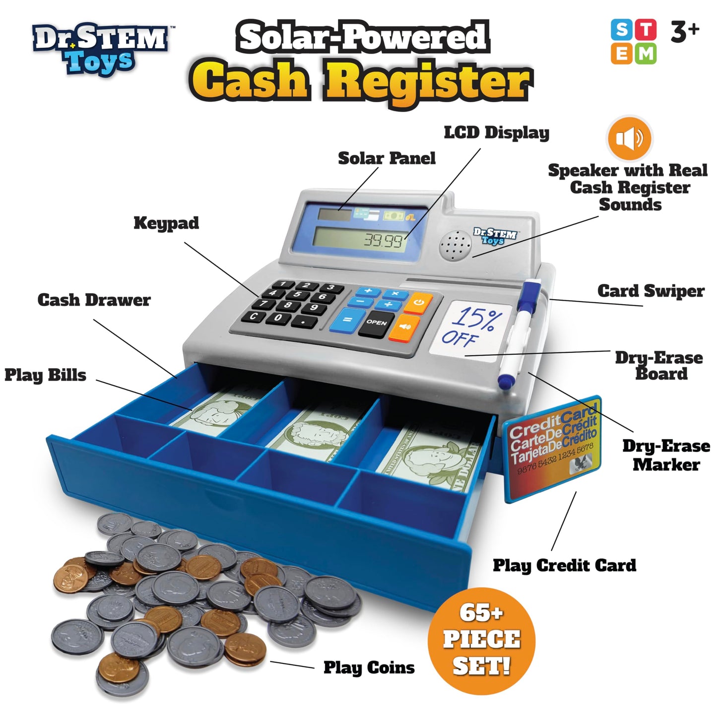 Dr. STEM Toys Solar Powered Calculator Pretend Cash Register – 67-Piece STEM Learning Set for Kids (Gray)