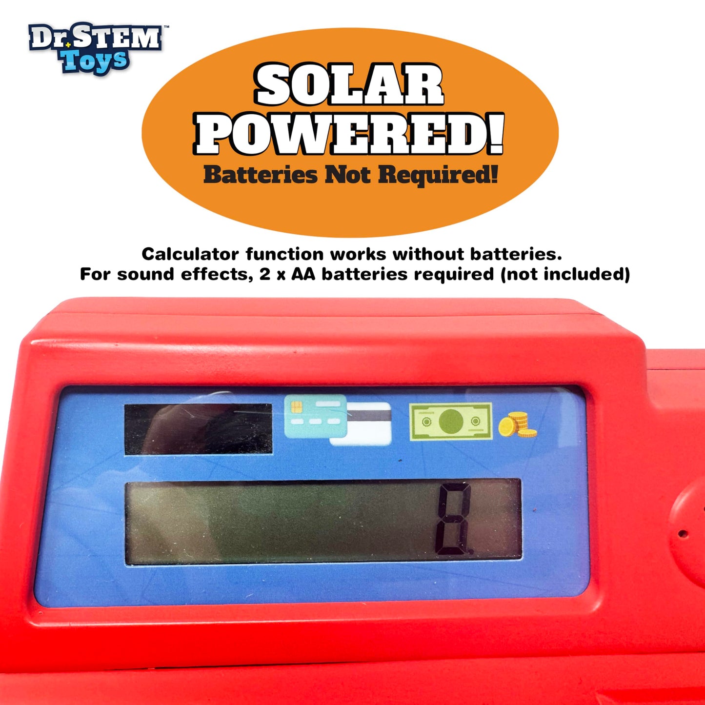Dr. STEM Toys Solar Powered Calculator Pretend Cash Register – 67-Piece STEM Set (Red)