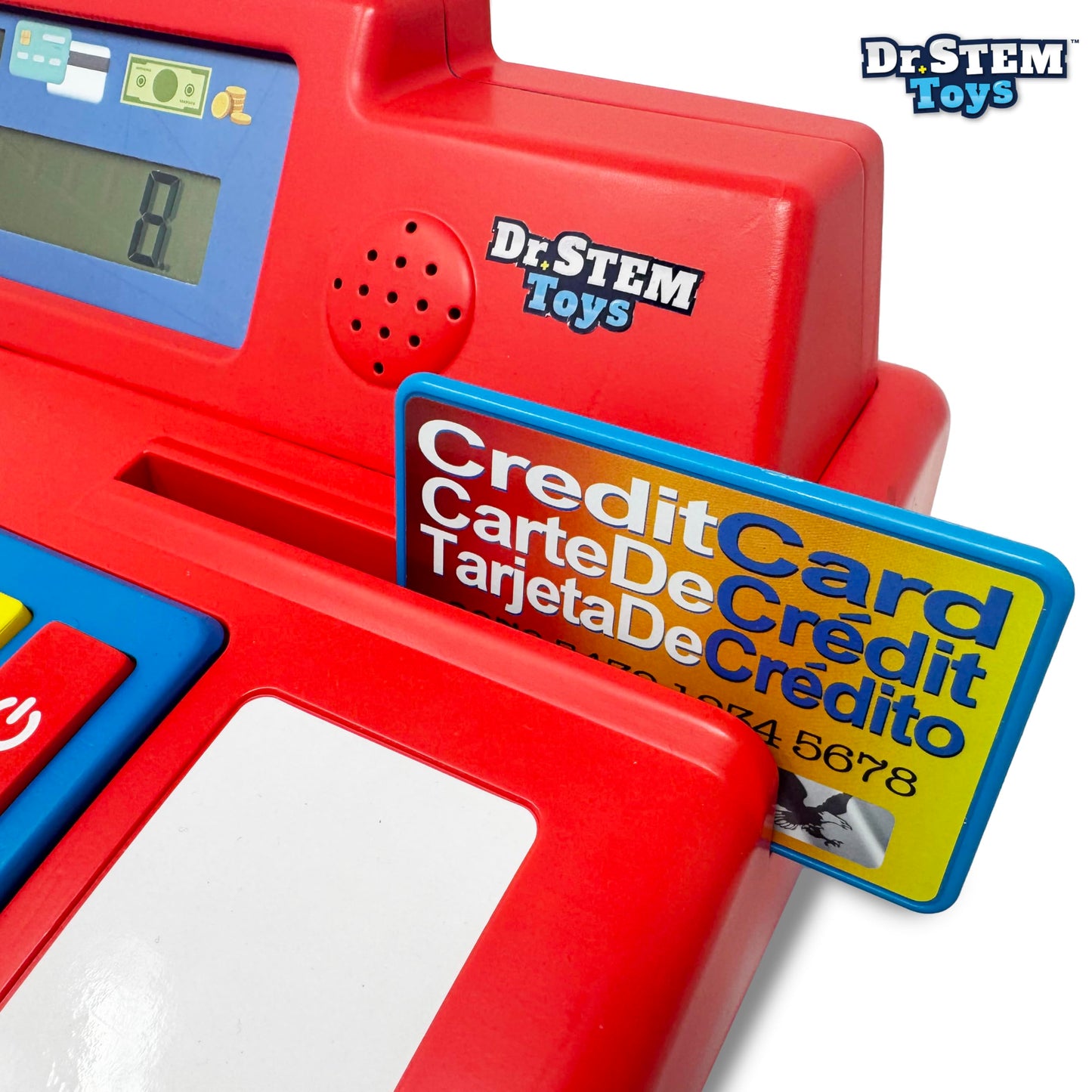 Dr. STEM Toys Solar Powered Calculator Pretend Cash Register – 67-Piece STEM Set (Red)