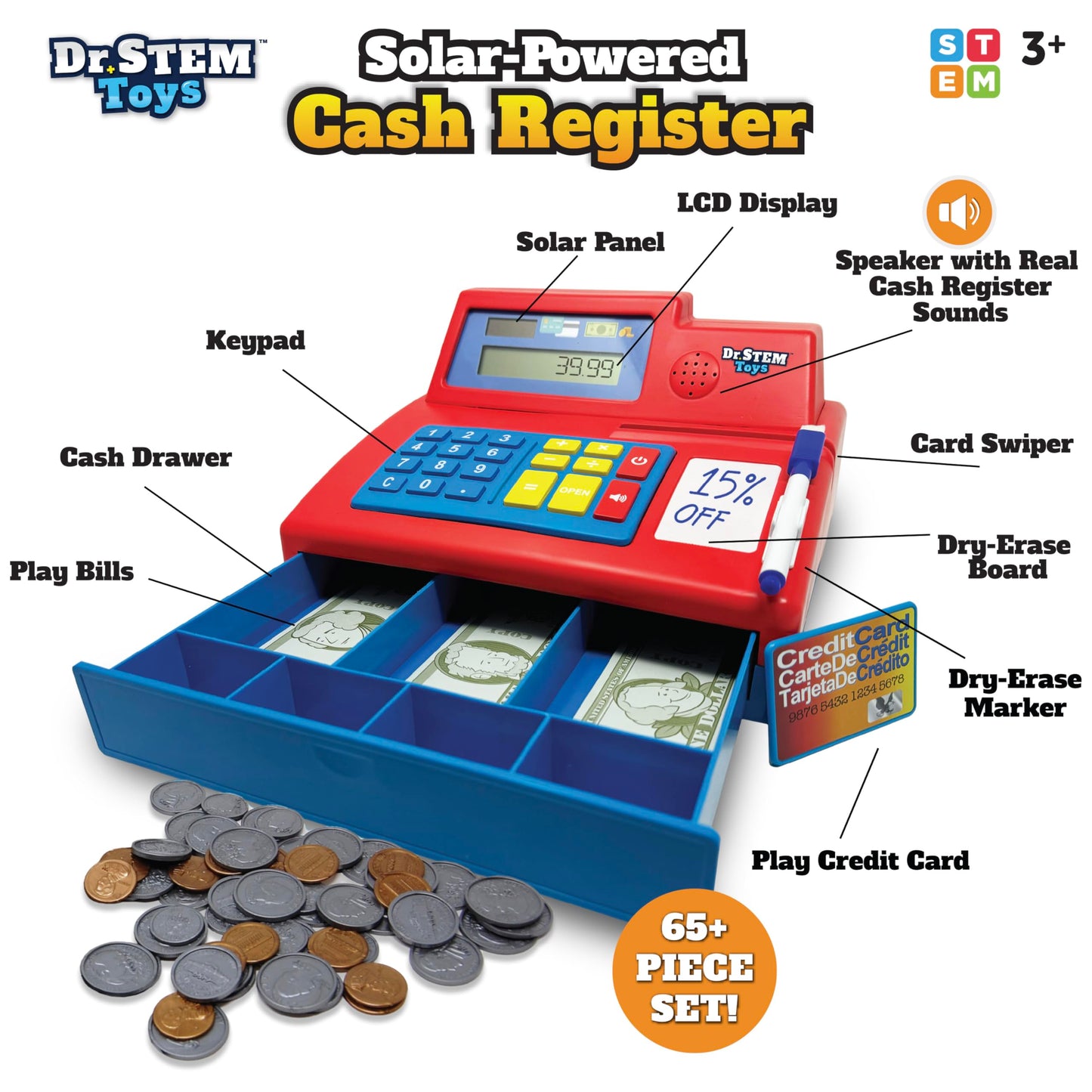 Dr. STEM Toys Solar Powered Calculator Pretend Cash Register – 67-Piece STEM Set (Red)