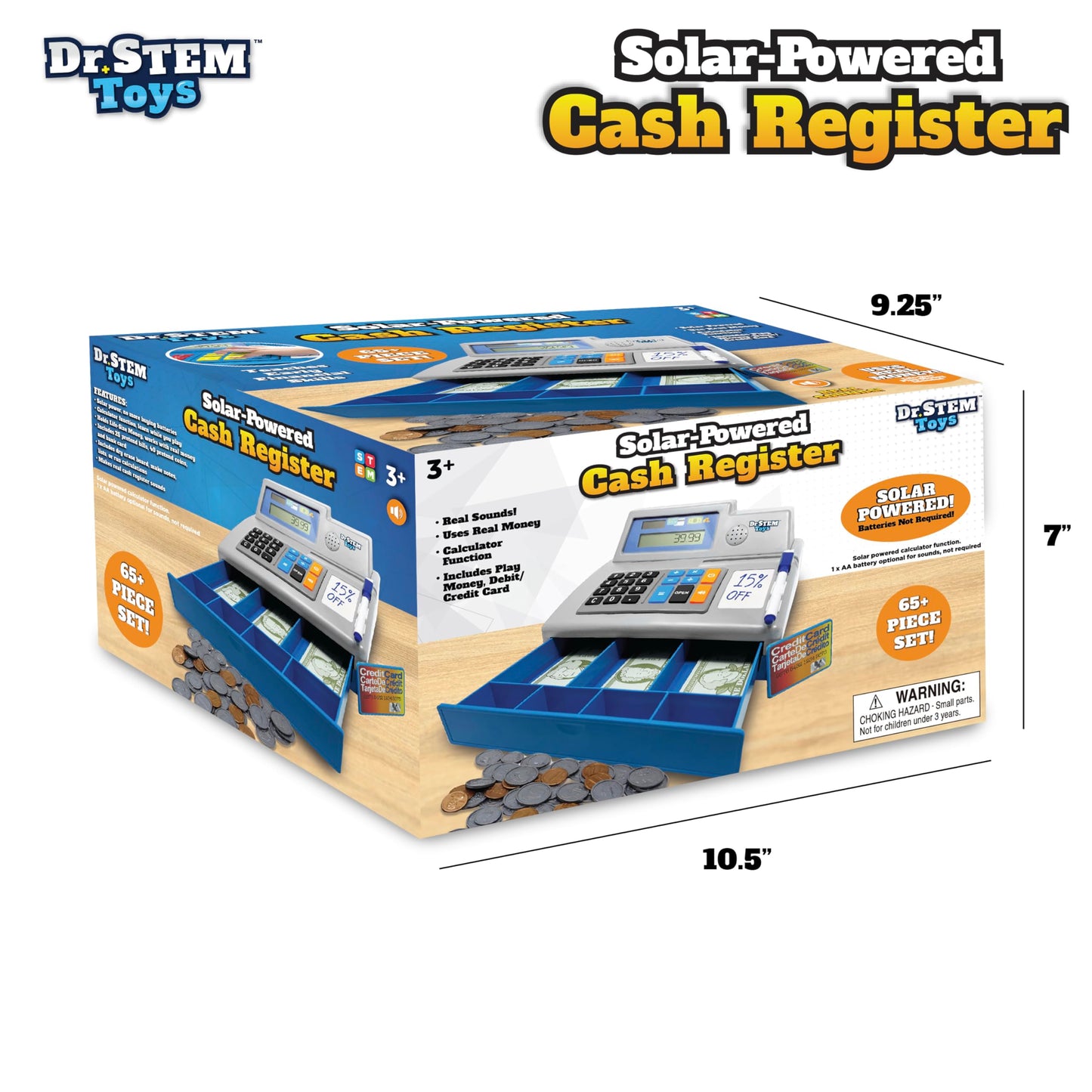 Dr. STEM Toys Solar Powered Calculator Pretend Cash Register – 67-Piece STEM Learning Set for Kids (Gray)