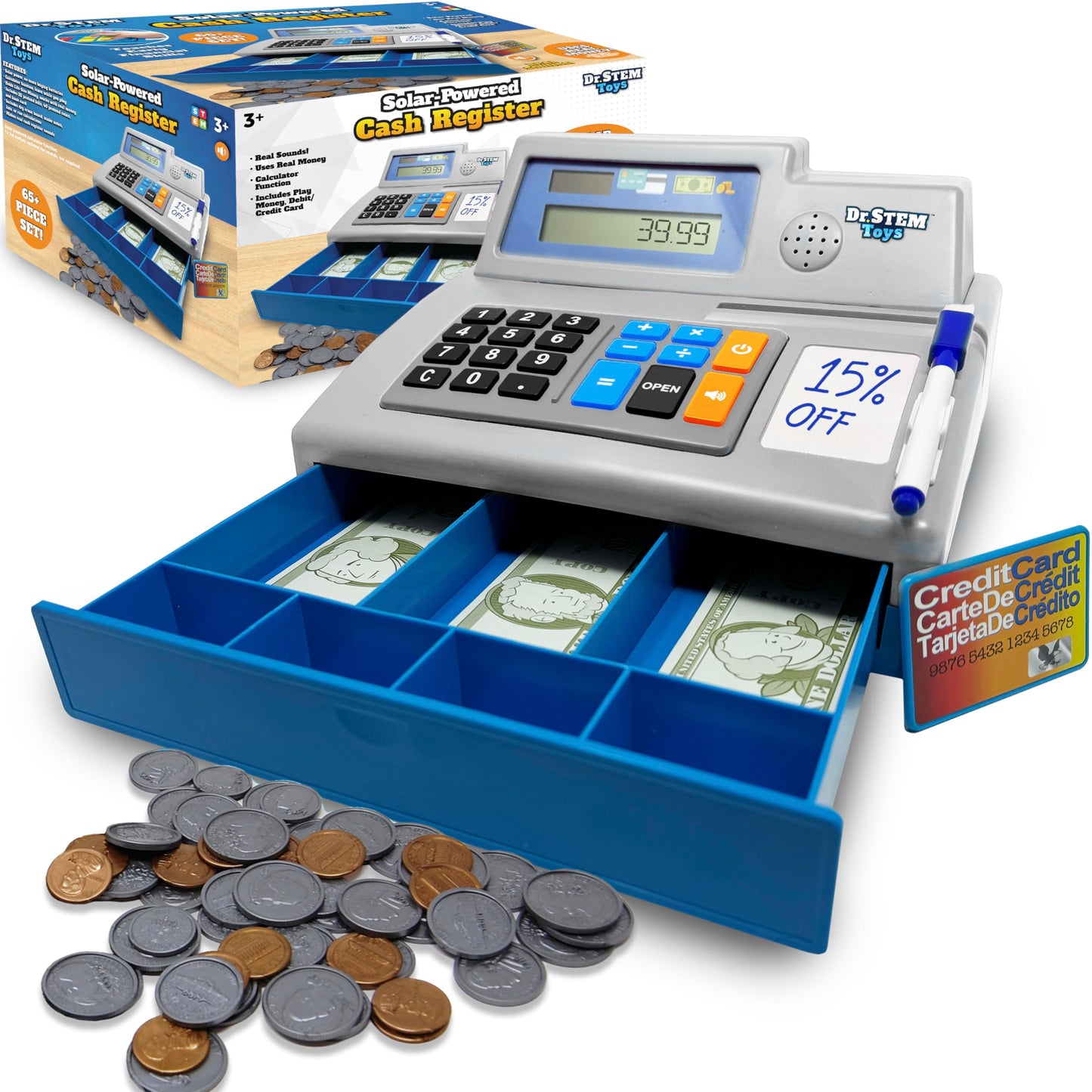 Dr. STEM Toys Solar Powered Calculator Pretend Cash Register – 67-Piece STEM Learning Set for Kids (Gray)