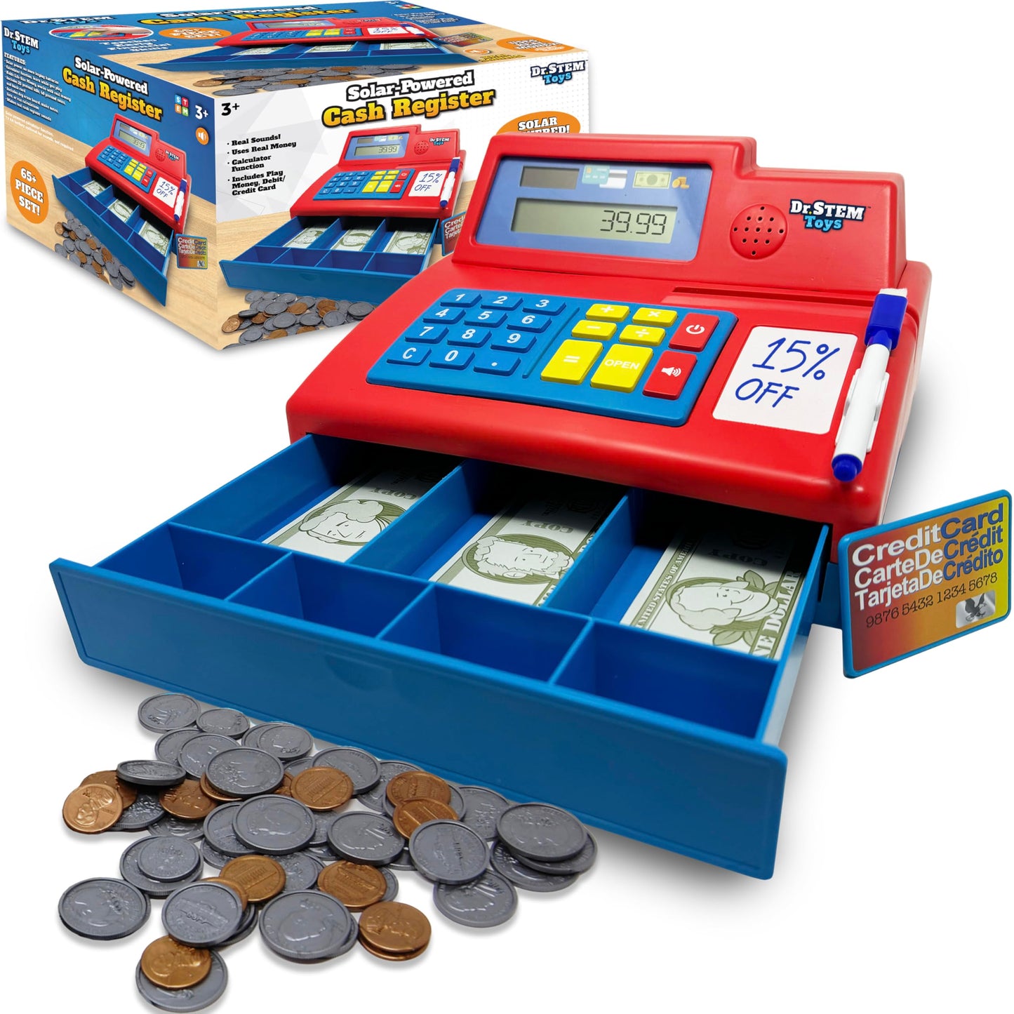 Dr. STEM Toys Solar Powered Calculator Pretend Cash Register – 67-Piece STEM Set (Red)