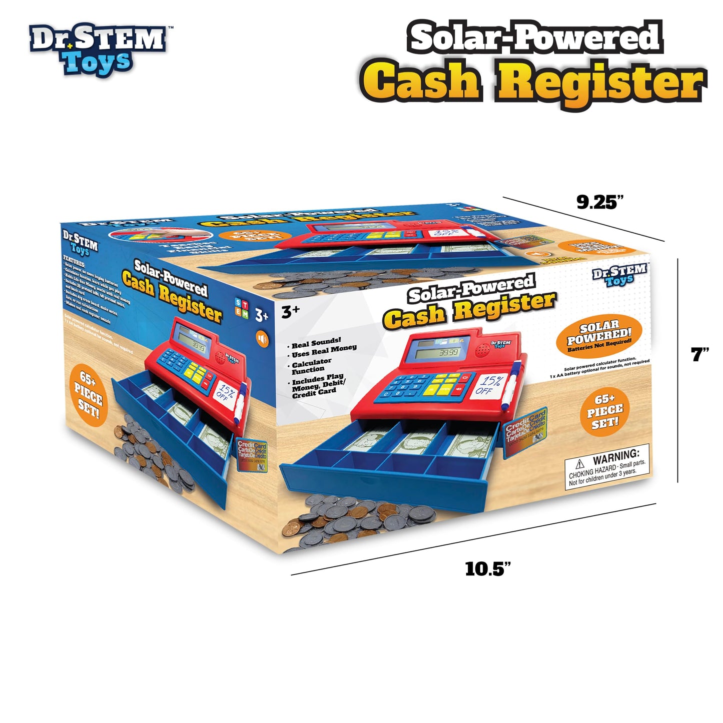 Dr. STEM Toys Solar Powered Calculator Pretend Cash Register – 67-Piece STEM Set (Red)