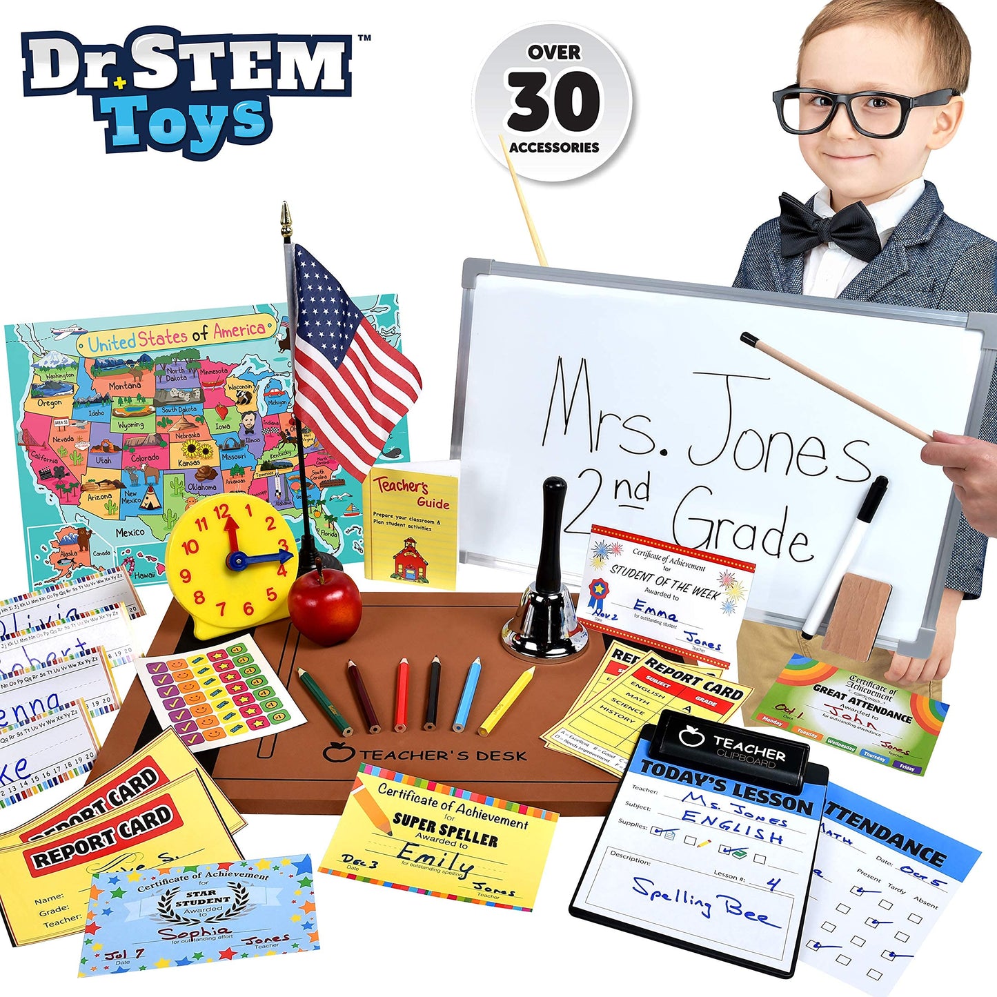 Dr. STEM Toys - Play Teacher Role-Play Set with 30+ Pieces, Whiteboard, Bell, Report Cards | Home or Classroom Gift