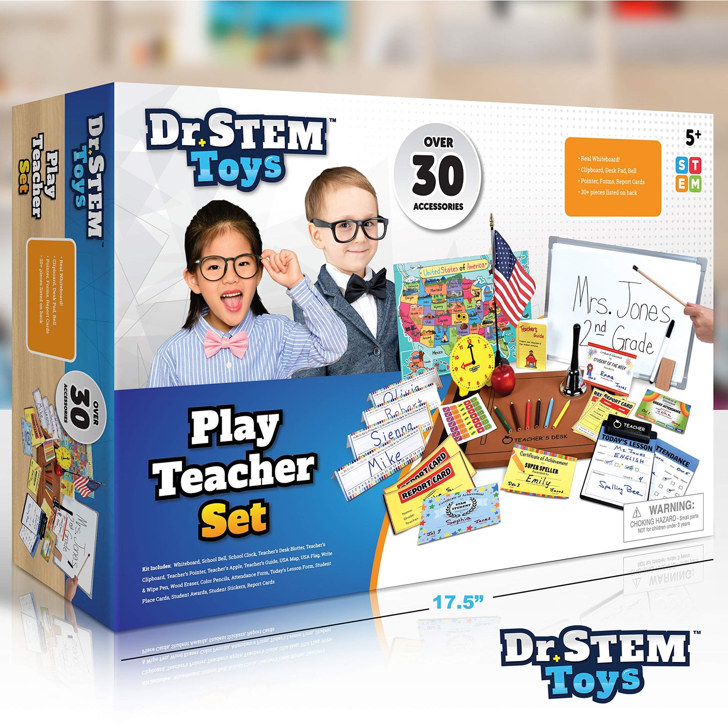 Dr. STEM Toys - Play Teacher Role-Play Set with 30+ Pieces, Whiteboard, Bell, Report Cards | Home or Classroom Gift