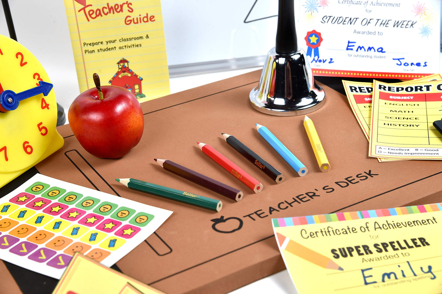 Dr. STEM Toys - Play Teacher Role-Play Set with 30+ Pieces, Whiteboard, Bell, Report Cards | Home or Classroom Gift