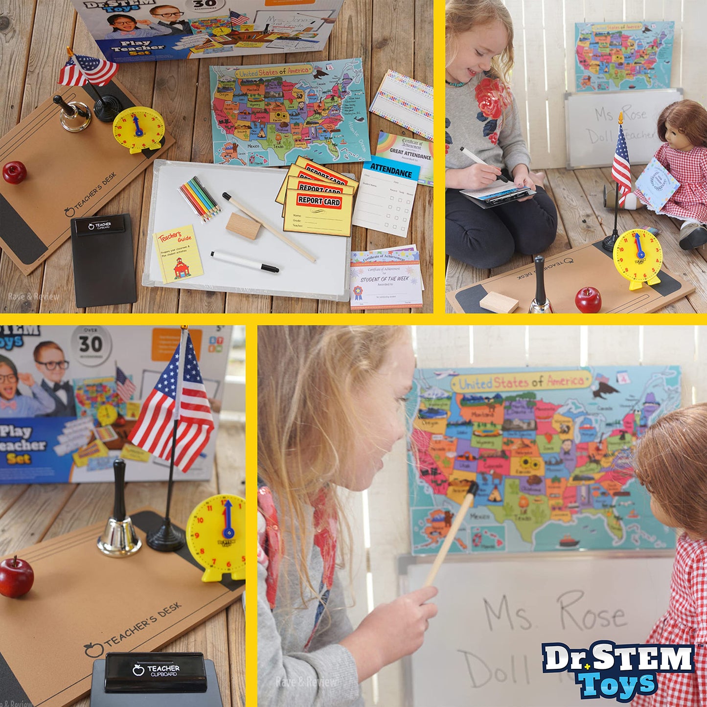 Dr. STEM Toys - Play Teacher Role-Play Set with 30+ Pieces, Whiteboard, Bell, Report Cards | Home or Classroom Gift