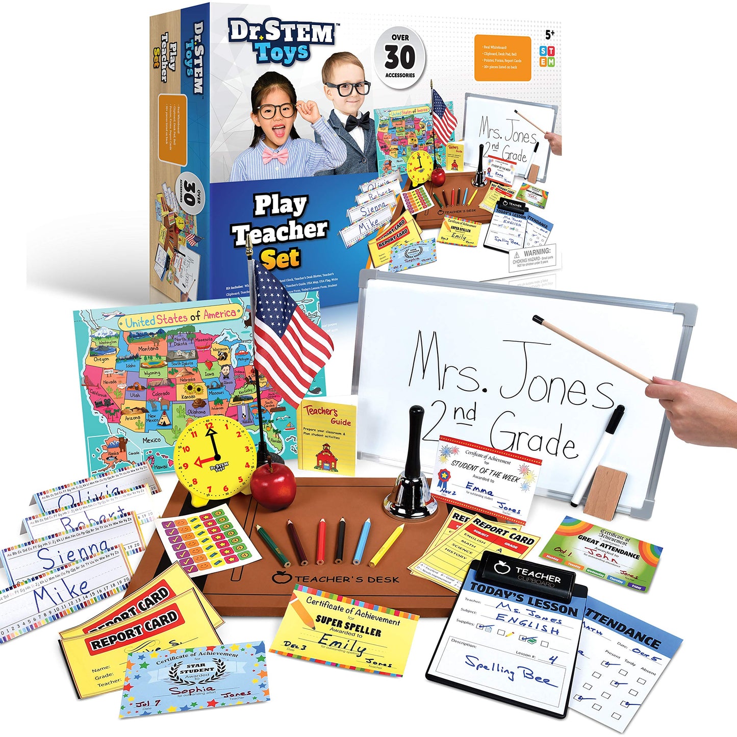 Dr. STEM Toys - Play Teacher Role-Play Set with 30+ Pieces, Whiteboard, Bell, Report Cards | Home or Classroom Gift