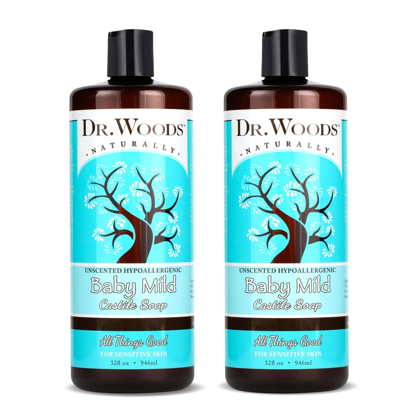 Dr. Woods Unscented Baby Mild Castile Soap - Gentle, Fragrance-Free Cleanser with Hemp Oil & Vitamin E, 32 oz (2-Pack) | Paraben, Sulfate & Phthalate Free