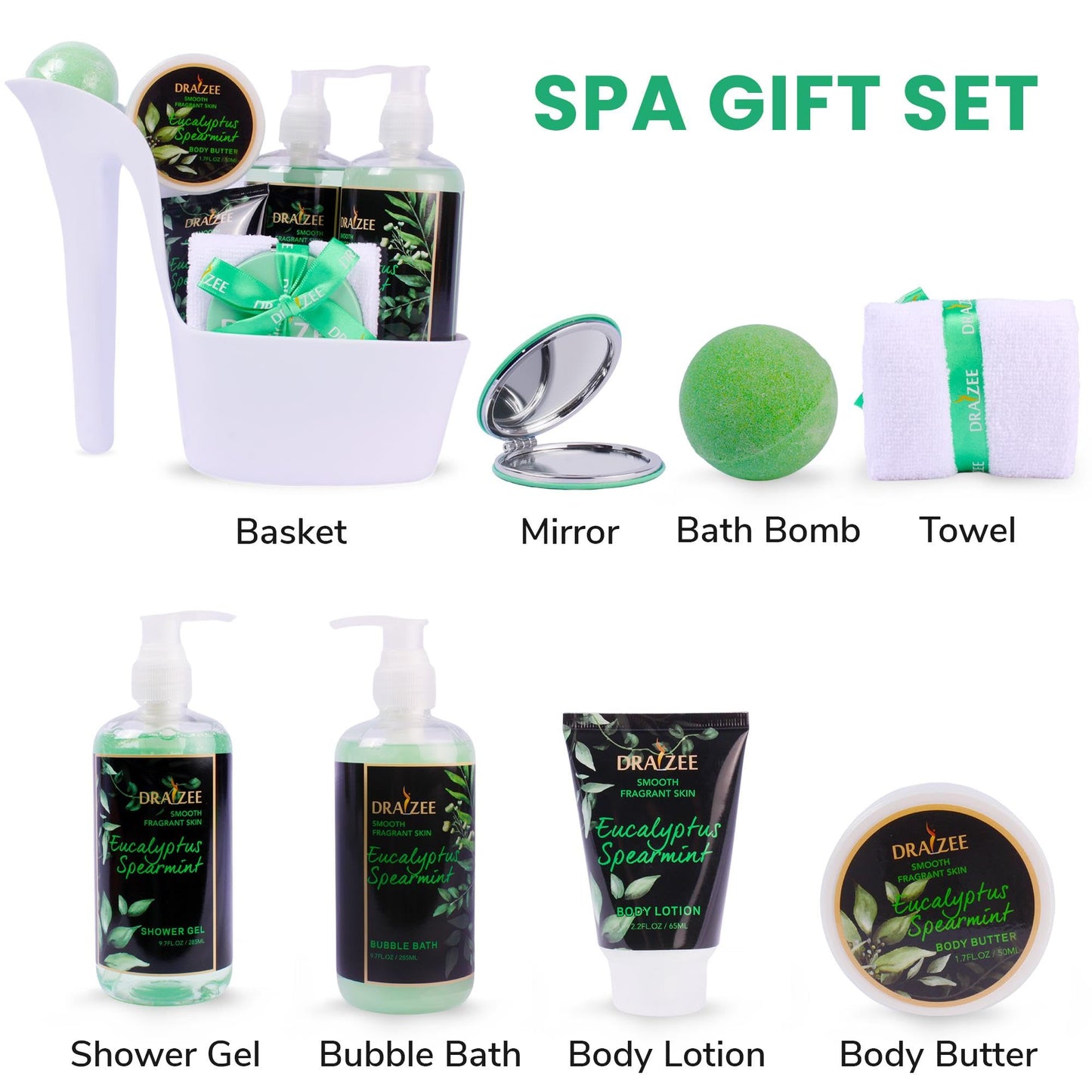 Draizee Valentine's Day Spa Gift Set for Her — 8-Piece Eucalyptus Spearmint Luxury Bath Basket