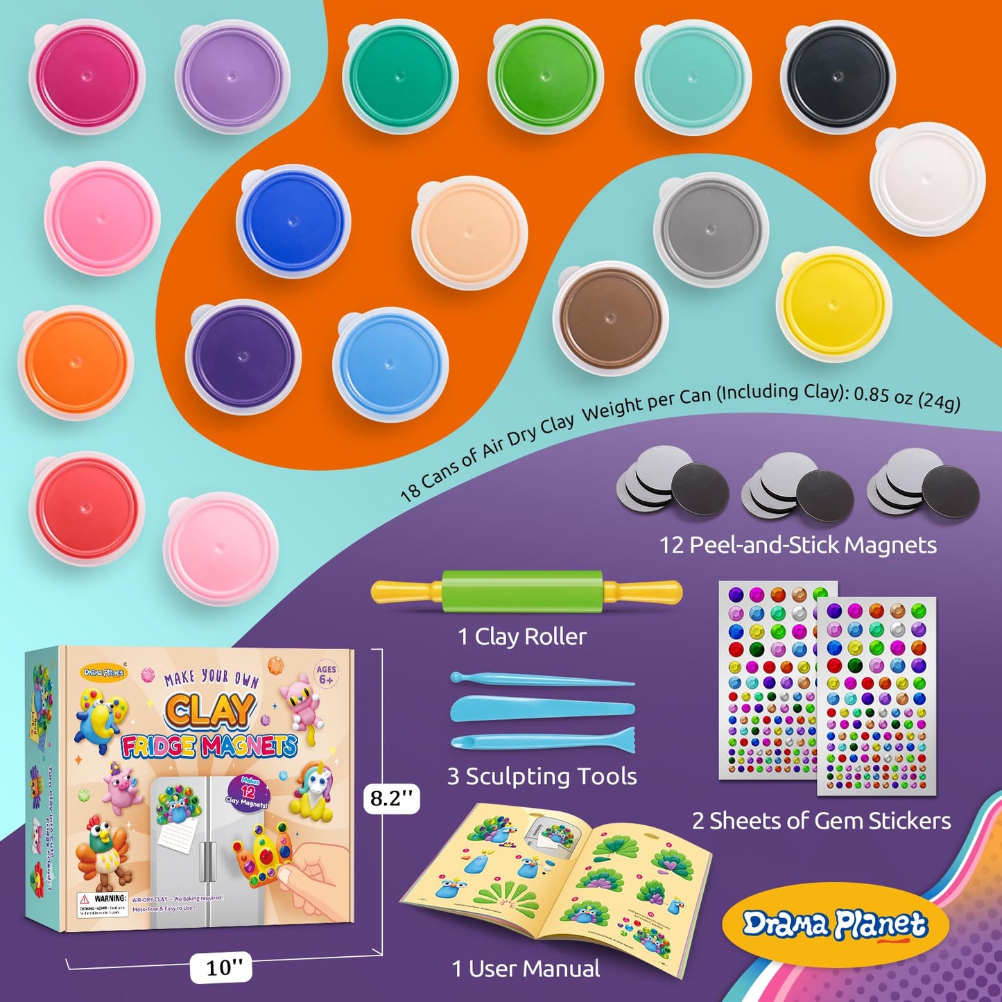 Drama Planet Make Your Own Clay Fridge Magnets Kit – 12 DIY Magnets + 54-Page Idea Book